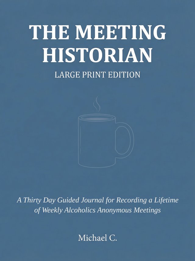 Cover of The Meeting Historian, Large Print Edition, steel blue with a coffee cup